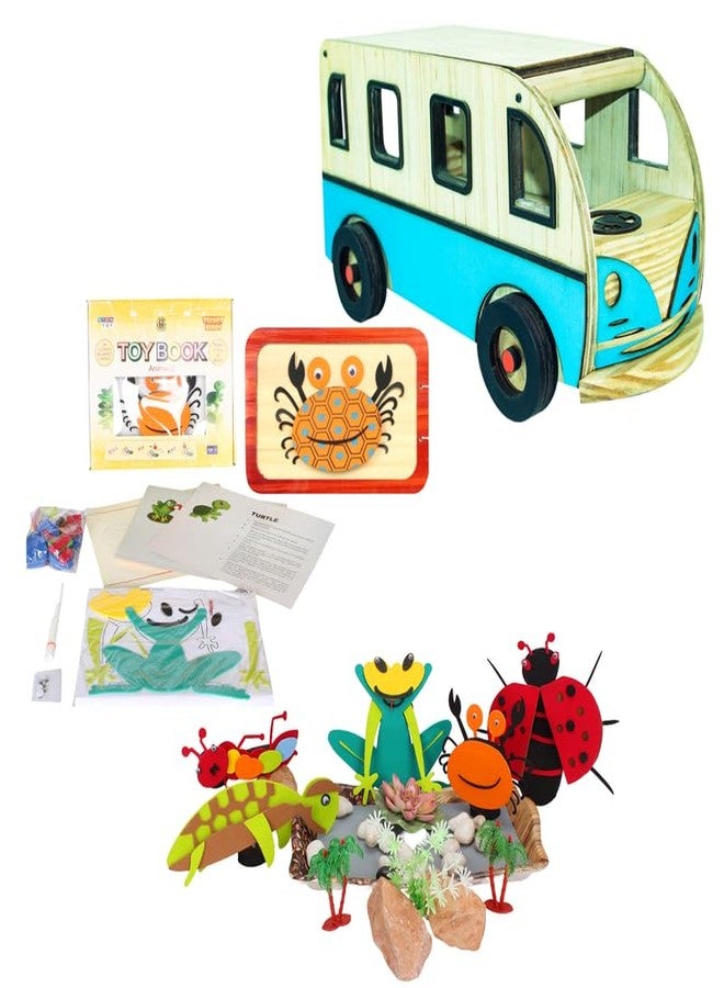 Techny Birds Technybirds Wooden Toy Bus and Animals 2 Toy Book Combo | Educational Toys for Kids | Montessori Learning| Animal Recognition Toys | Fine Motor Skills Development - Image 1